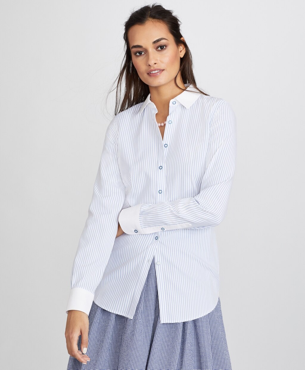 Brooks Brothers Women Non-Iron Striped Supima® Cotton Dobby Contrast-Collar Fitted Shirt