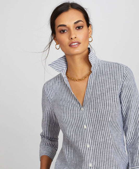 Brooks Brothers Women Striped Linen Three-Quarter-Sleeve Shirt