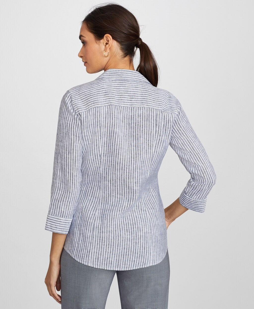 Brooks Brothers Women Striped Linen Three-Quarter-Sleeve Shirt