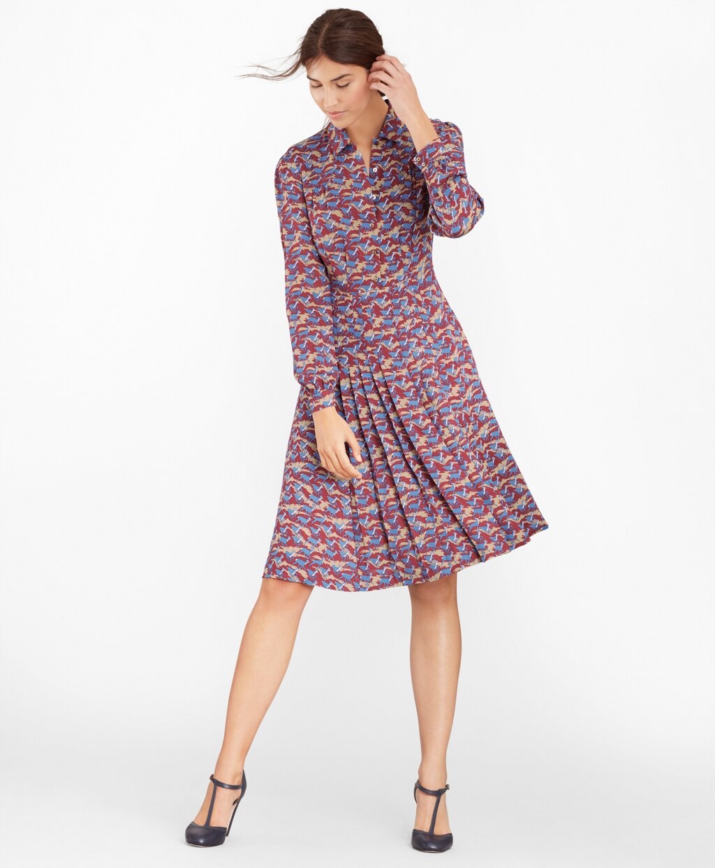 Brooks Brothers Women Deer-Print Silk Chiffon Shirt Dress