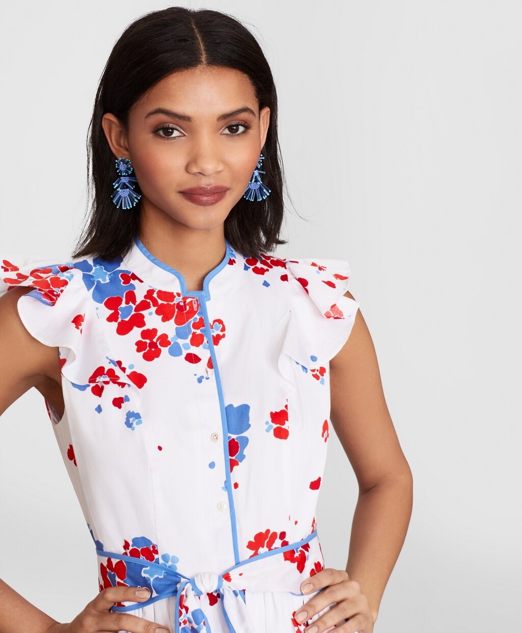 Brooks Brothers Women Floral-Print Supima® Cotton Sateen Flutter-Sleeve Shirt Dress