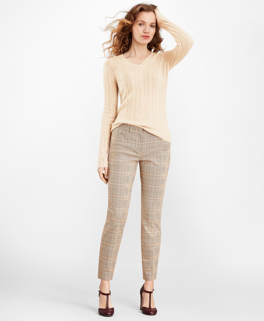 Brooks Brothers Women Cable-Knit Cashmere V-Neck Sweater